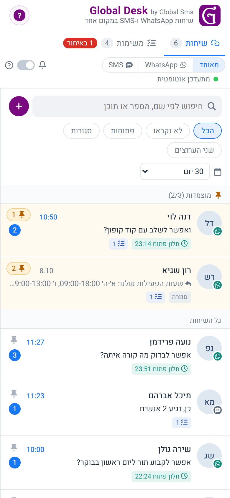 רשימת השיחות של Global Desk בטלפון נייד, עם שיחות מוצמדות והודעות שלא נקראו